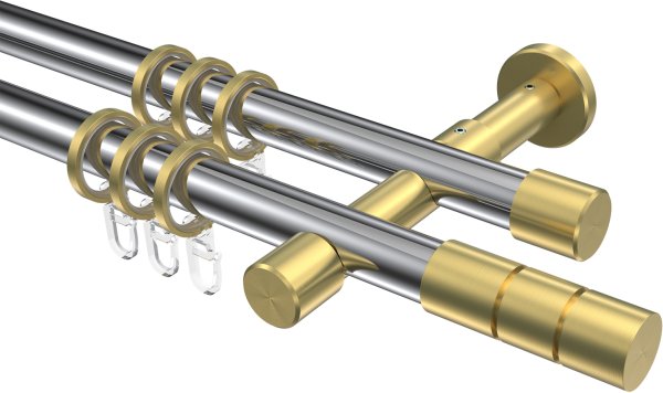 Gardinenstange Metall 20 mm Ø 2-läufig PRESTIGE - Elanto Chrom / Messing-Optik 100 cm