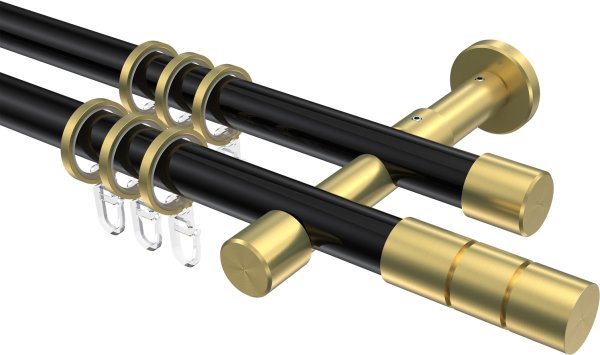 Gardinenstange Metall 20 mm Ø 2-läufig PRESTIGE - Elanto Schwarz / Messing-Optik 100 cm