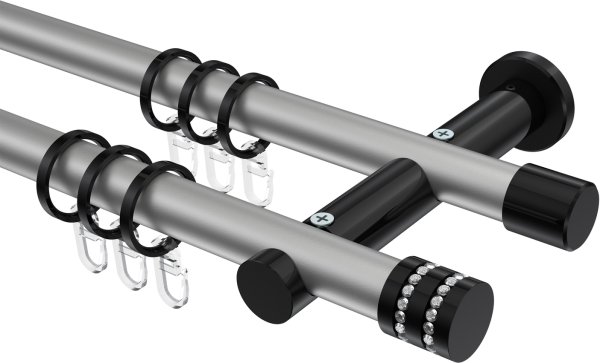 Gardinenstange Metall 20 mm Ø 2-läufig PLATON - Estana Silbergrau / Schwarz 100 cm