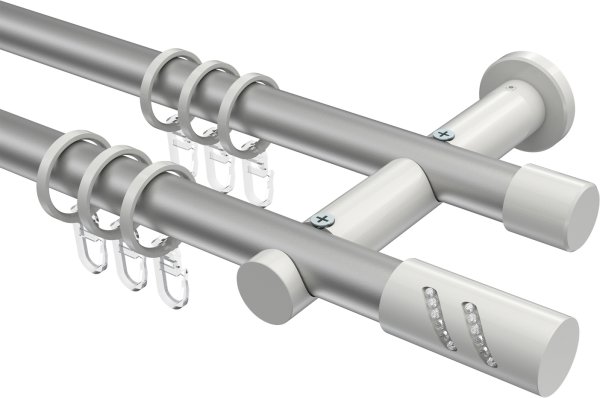 Gardinenstange Metall 20 mm Ø 2-läufig PLATON - Zoena Silbergrau / Weiß 100 cm