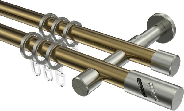 Gardinenstange Metall 20 mm Ø 2-läufig PRESTIGE - Zoena Messing Antik / Edelstahl-Optik 100 cm