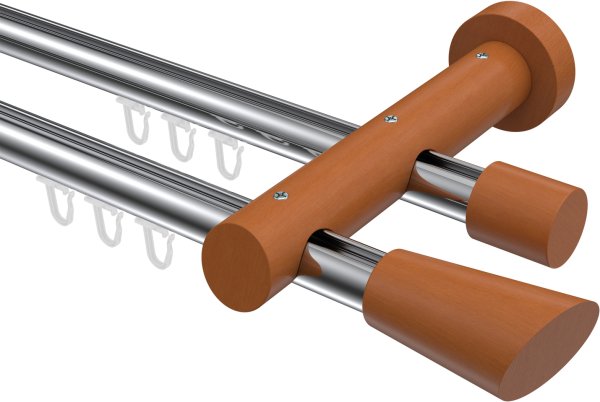 Innenlauf Gardinenstange Aluminium / Holz 20 mm Ø 2-läufig TALENT - Bero Chrom / Kirschbaum lackiert 100 cm