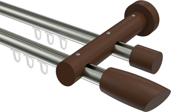 Innenlauf Gardinenstange Aluminium / Holz 20 mm Ø 2-läufig TALENT - Etta Edelstahl-Optik / Nussbaum lackiert