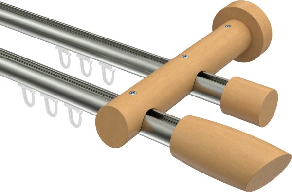 Innenlauf Gardinenstange Aluminium / Holz 20 mm Ø 2-läufig TALENT - Etta Edelstahl-Optik / Buche lackiert