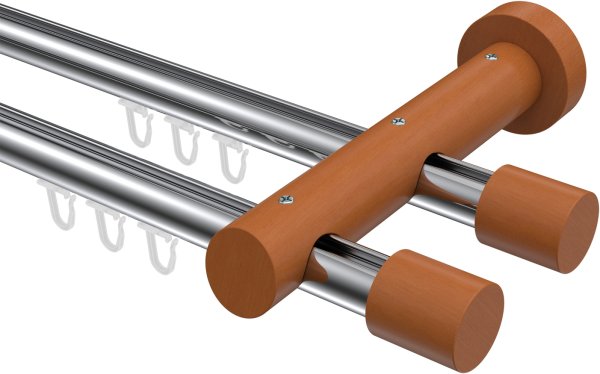 Innenlauf Gardinenstange Aluminium / Holz 20 mm Ø 2-läufig TALENT - Feta Chrom / Kirschbaum lackiert 100 cm