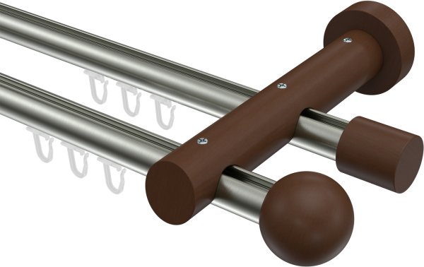 Innenlauf Gardinenstange Aluminium / Holz 20 mm Ø 2-läufig TALENT - Luina Edelstahl-Optik / Nussbaum lackiert 100 cm