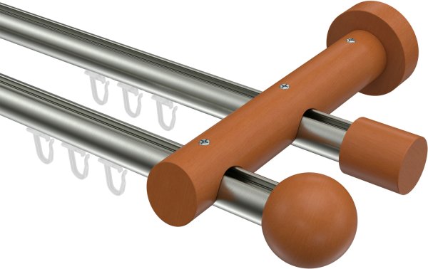 Innenlauf Gardinenstange Aluminium / Holz 20 mm Ø 2-läufig TALENT - Luina Edelstahl-Optik / Kirschbaum lackiert 100 cm