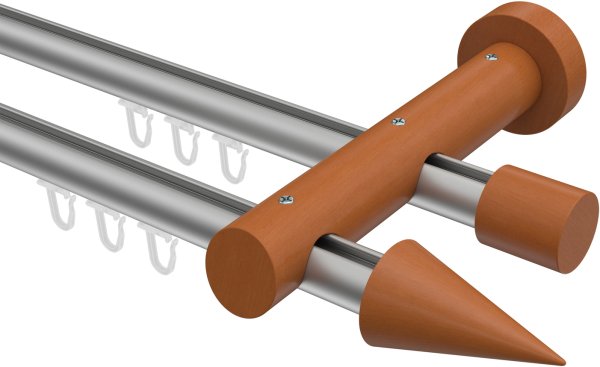 Innenlauf Gardinenstange Aluminium / Holz 20 mm Ø 2-läufig TALENT - Siveo Silbergrau / Kirschbaum lackiert 100 cm