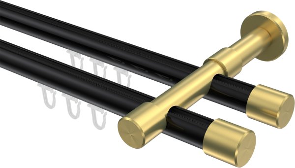 Innenlauf Gardinenstange Aluminium / Metall 20 mm Ø 2-läufig PRESTIGE - Santo Schwarz / Messing-Optik 100 cm
