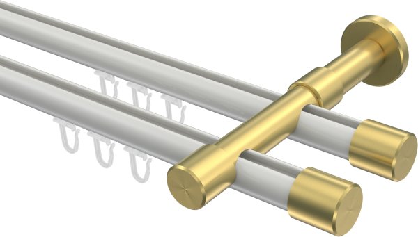Innenlauf Gardinenstange Aluminium / Metall 20 mm Ø 2-läufig PRESTIGE - Santo Weiß / Messing-Optik 100 cm