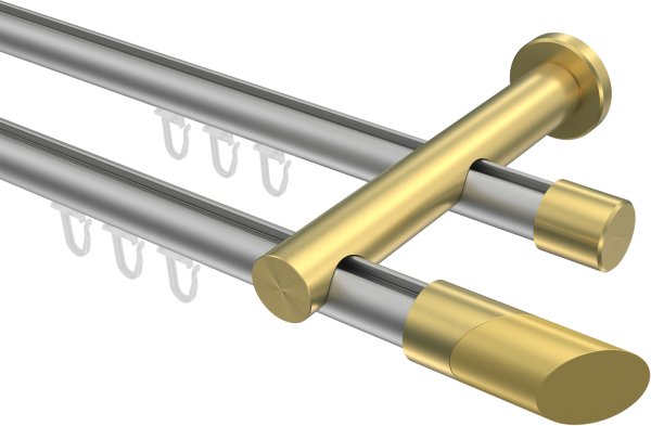 Innenlauf Gardinenstange Aluminium / Metall 20 mm Ø 2-läufig PLATON - Verano Silbergrau / Messing-Optik 100 cm