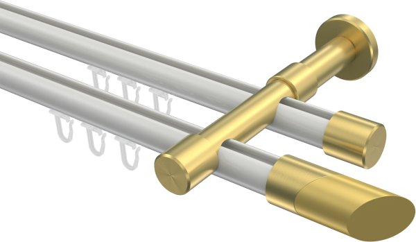 Innenlauf Gardinenstange Aluminium / Metall 20 mm Ø 2-läufig PRESTIGE - Verano Weiß / Messing-Optik 100 cm