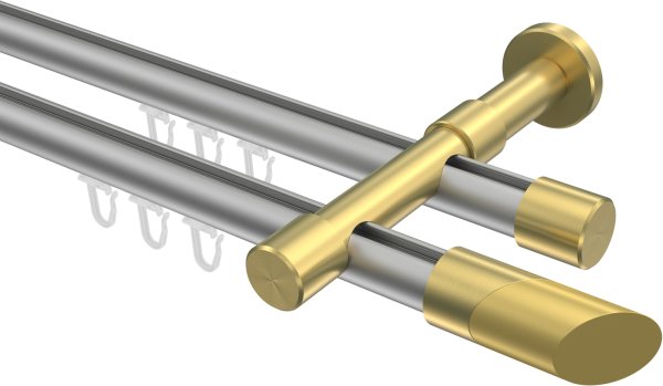 Innenlauf Gardinenstange Aluminium / Metall 20 mm Ø 2-läufig PRESTIGE - Verano Silbergrau / Messing-Optik 100 cm