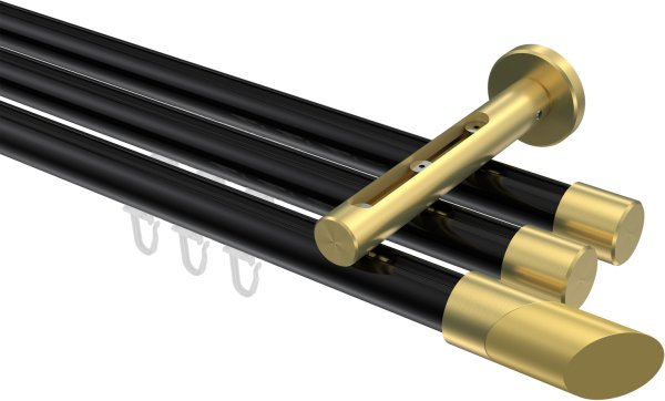 Innenlauf Gardinenstange Aluminium / Metall 20 mm Ø 3-läufig SITENO - Verano Schwarz / Messing-Optik 100 cm