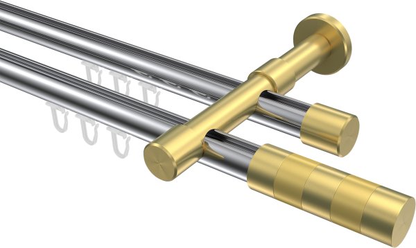 Innenlauf Gardinenstange Aluminium / Metall 20 mm Ø 2-läufig PRESTIGE - Mavell Chrom / Messing-Optik 100 cm