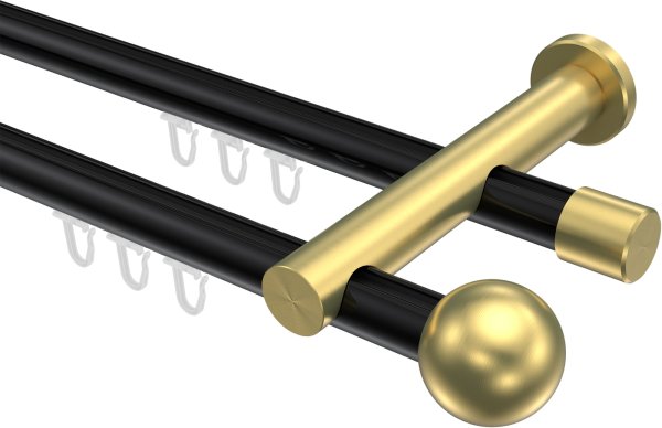 Innenlauf Gardinenstange Aluminium / Metall 20 mm Ø 2-läufig PLATON - Luino Schwarz / Messing-Optik 100 cm