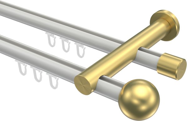 Innenlauf Gardinenstange Aluminium / Metall 20 mm Ø 2-läufig PLATON - Luino Weiß / Messing-Optik 100 cm