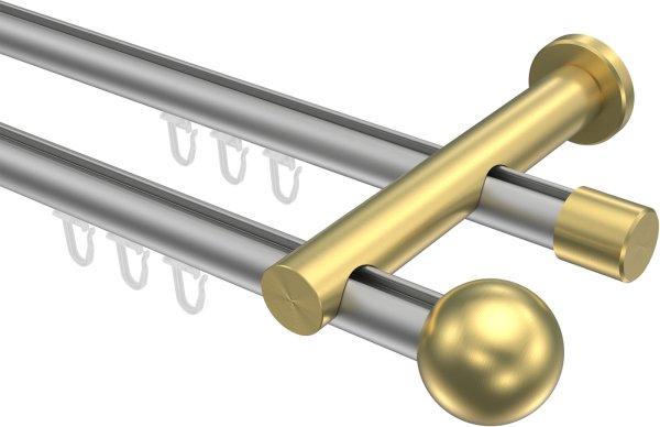 Innenlauf Gardinenstange Aluminium / Metall 20 mm Ø 2-läufig PLATON - Luino Silbergrau / Messing-Optik 100 cm