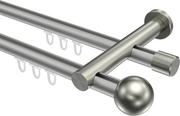 Innenlauf Gardinenstange Aluminium / Metall 20 mm Ø 2-läufig PLATON - Luino Silbergrau / Edelstahl-Optik 100 cm