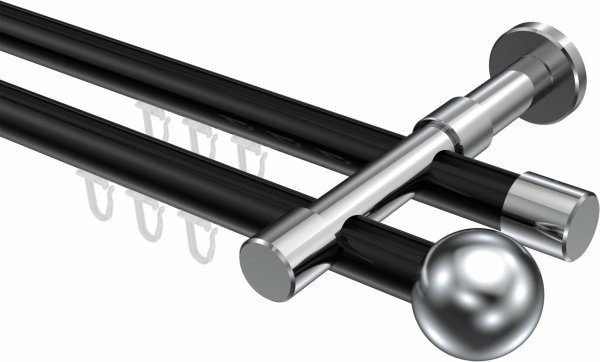 Innenlauf Gardinenstange Aluminium / Metall 20 mm Ø 2-läufig PRESTIGE - Luino Schwarz / Chrom 100 cm