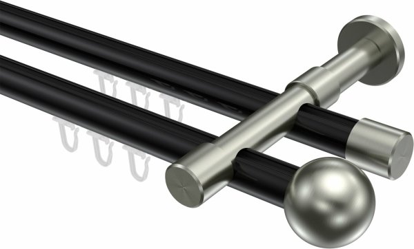 Innenlauf Gardinenstange Aluminium / Metall 20 mm Ø 2-läufig PRESTIGE - Luino Schwarz / Edelstahl-Optik 100 cm