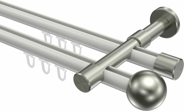 Innenlauf Gardinenstange Aluminium / Metall 20 mm Ø 2-läufig PRESTIGE - Luino Weiß / Edelstahl-Optik 100 cm