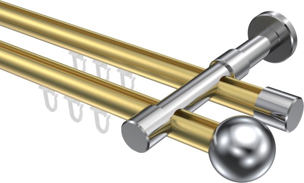 Innenlauf Gardinenstange Aluminium / Metall 20 mm Ø 2-läufig PRESTIGE - Luino Messing-Optik / Chrom