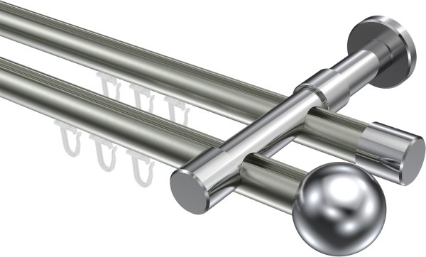 Innenlauf Gardinenstange Aluminium / Metall 20 mm Ø 2-läufig PRESTIGE - Luino Edelstahl-Optik / Chrom