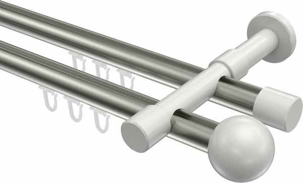 Innenlauf Gardinenstange Aluminium / Metall 20 mm Ø 2-läufig PRESTIGE - Luino Edelstahl-Optik / Weiß 100 cm