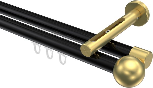 Innenlauf Gardinenstange Aluminium / Metall 20 mm Ø 2-läufig SITENO - Luino Schwarz / Messing-Optik 100 cm