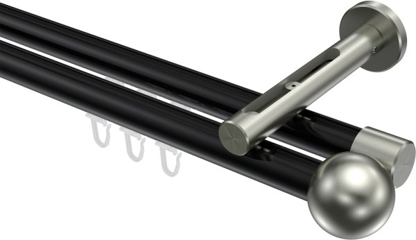 Innenlauf Gardinenstange Aluminium / Metall 20 mm Ø 2-läufig SITENO - Luino Schwarz / Edelstahl-Optik