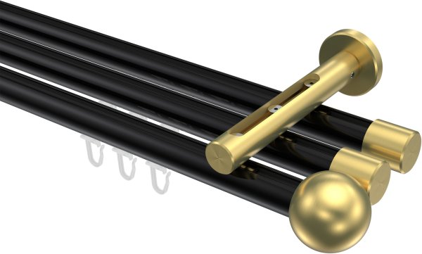 Innenlauf Gardinenstange Aluminium / Metall 20 mm Ø 3-läufig SITENO - Luino Schwarz / Messing-Optik 100 cm