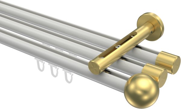 Innenlauf Gardinenstange Aluminium / Metall 20 mm Ø 3-läufig SITENO - Luino Weiß / Messing-Optik 100 cm