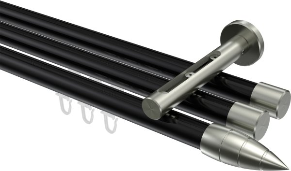 Innenlauf Gardinenstange Aluminium / Metall 20 mm Ø 3-läufig SITENO - Samanto Schwarz / Edelstahl-Optik 100 cm