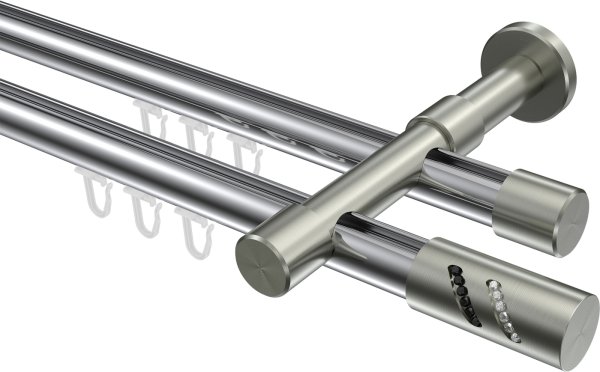 Innenlauf Gardinenstange Aluminium / Metall 20 mm Ø 2-läufig PRESTIGE - Zoena Chrom / Edelstahl-Optik 100 cm