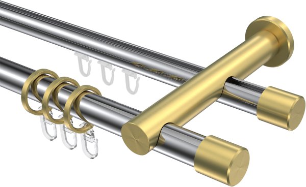 Rundrohr-Innenlauf Gardinenstange Aluminium / Metall 20 mm Ø 2-läufig PLATON - Santo Chrom / Messing-Optik 100 cm