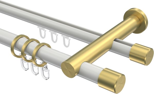 Rundrohr-Innenlauf Gardinenstange Aluminium / Metall 20 mm Ø 2-läufig PLATON - Santo Weiß / Messing-Optik 100 cm