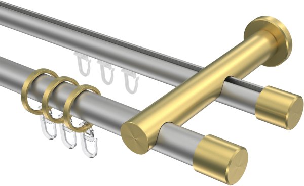 Rundrohr-Innenlauf Gardinenstange Aluminium / Metall 20 mm Ø 2-läufig PLATON - Santo Silbergrau / Messing-Optik 100 cm