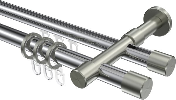 Rundrohr-Innenlauf Gardinenstange Aluminium / Metall 20 mm Ø 2-läufig PRESTIGE - Santo Chrom / Edelstahl-Optik 100 cm