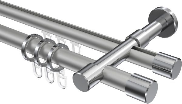 Rundrohr-Innenlauf Gardinenstange Aluminium / Metall 20 mm Ø 2-läufig PRESTIGE - Santo Silbergrau / Chrom 100 cm