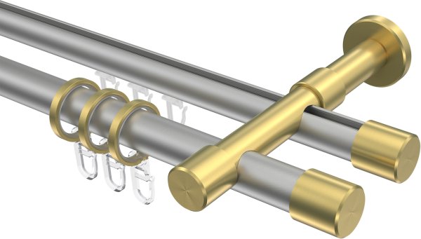 Rundrohr-Innenlauf Gardinenstange Aluminium / Metall 20 mm Ø 2-läufig PRESTIGE - Santo Silbergrau / Messing-Optik 100 cm
