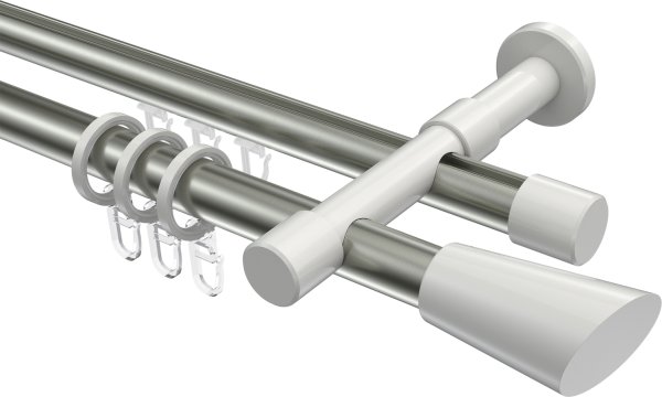 Rundrohr-Innenlauf Gardinenstange Aluminium / Metall 20 mm Ø 2-läufig PRESTIGE - Bento Edelstahl-Optik / Weiß 100 cm