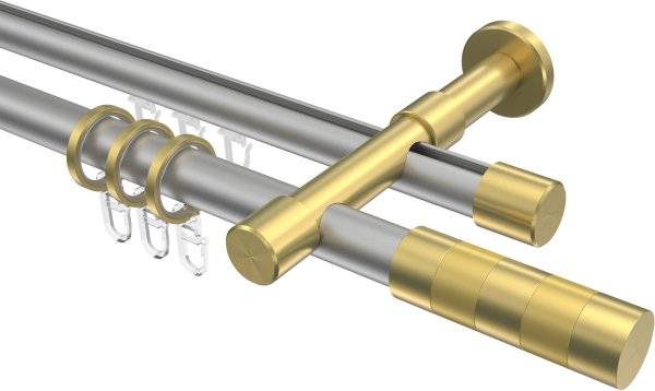 Rundrohr-Innenlauf Gardinenstange Aluminium / Metall 20 mm Ø 2-läufig PRESTIGE - Mavell Silbergrau / Messing-Optik 100 cm