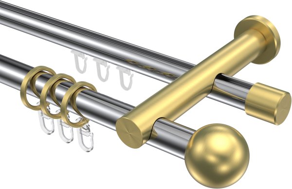 Rundrohr-Innenlauf Gardinenstange Aluminium / Metall 20 mm Ø 2-läufig PLATON - Luino Chrom / Messing-Optik 100 cm
