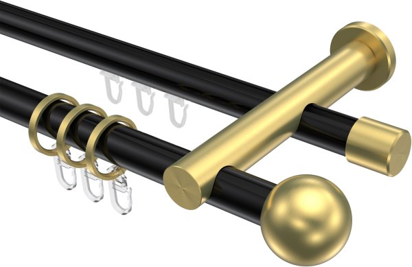 Rundrohr-Innenlauf Gardinenstange Aluminium / Metall 20 mm Ø 2-läufig PLATON - Luino Schwarz / Messing-Optik 100 cm