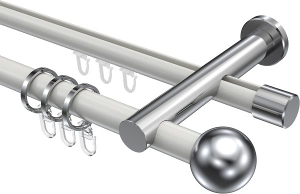 Rundrohr-Innenlauf Gardinenstange Aluminium / Metall 20 mm Ø 2-läufig PLATON - Luino Weiß / Chrom 100 cm