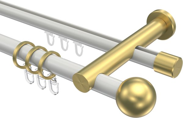 Rundrohr-Innenlauf Gardinenstange Aluminium / Metall 20 mm Ø 2-läufig PLATON - Luino Weiß / Messing-Optik 100 cm