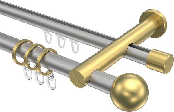 Rundrohr-Innenlauf Gardinenstange Aluminium / Metall 20 mm Ø 2-läufig PLATON - Luino Silbergrau / Messing-Optik 100 cm