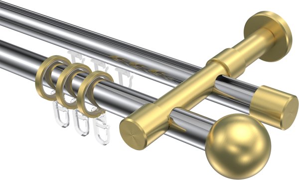 Rundrohr-Innenlauf Gardinenstange Aluminium / Metall 20 mm Ø 2-läufig PRESTIGE - Luino Chrom / Messing-Optik 100 cm