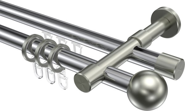 Rundrohr-Innenlauf Gardinenstange Aluminium / Metall 20 mm Ø 2-läufig PRESTIGE - Luino Chrom / Edelstahl-Optik 100 cm
